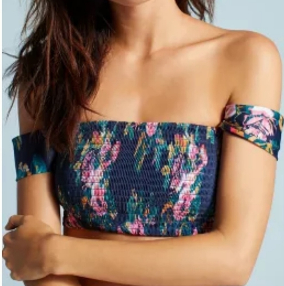 Anthropologie Bikini Swimsuit Top Off The Shoulder Top Size L Pink Flowers - Picture 5 of 16
